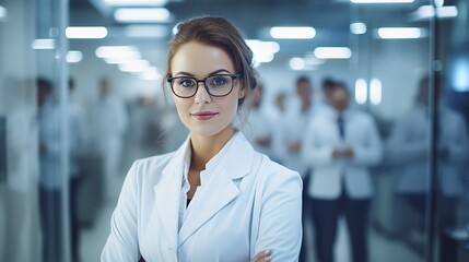 Wall Mural - Portrait of a confident female researcher in a white lab coat and glasses, working in a modern medical science laboratory with a team of specialists in the background