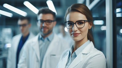 Wall Mural - Portrait of a confident female researcher in a white lab coat and glasses, working in a modern medical science laboratory with a team of specialists in the background