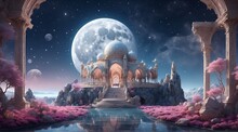 In A Photograph Saturated With Intense Hues, An Opulent Lunar Space Oasis Emerges, Its Main Subject A Towering Crystal Palace Nestled Between Jagged Lunar Cliffs. 