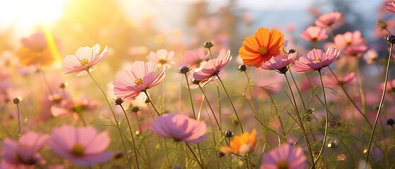 Wall Mural - Cosmos flowers in vibrant colors blooming under sunny sky in open field