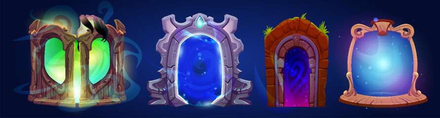Wall Mural - game fantastic door with magic portal. cartoon vector illustration set of wizard gates with neon glo
