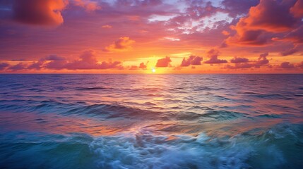 Wall Mural - beautiful sunset colors over the ocean with fluffy clouds