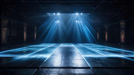 Wall Mural - an empty stage with blue lighting in a dark room, Rays, spotlights light. Empty dark scene with blue light