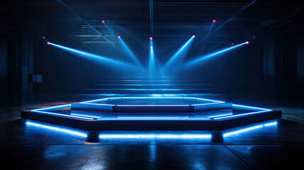 Wall Mural - an empty stage with blue lighting in a dark room, Rays, spotlights light. Empty dark scene with blue light