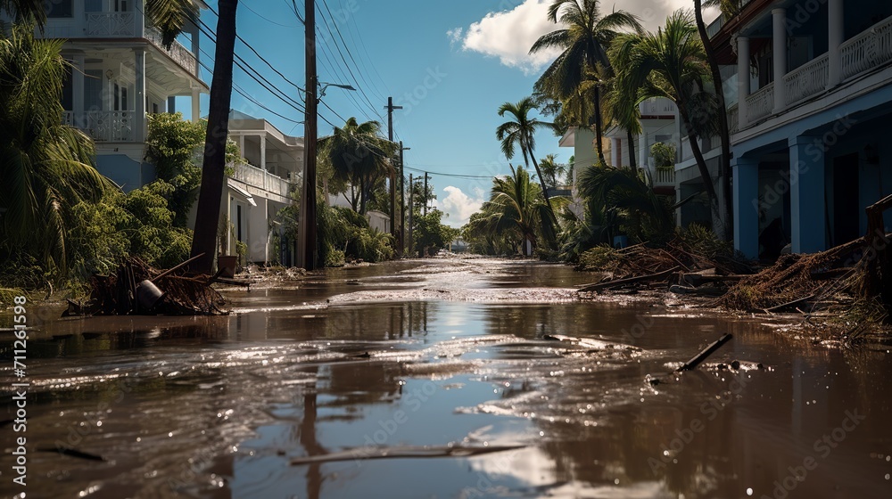 Hurricane aftermath: Flooded streets and damaged buildings on a ...