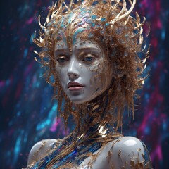 Wall Mural - In a mesmerizingly glitchy and glamorous portrait, an AI deity stands at the intersection of advanced technology and divine allure.