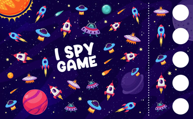 Aufkleber - I spy game worksheet with space rockets, planets, UFO and aliens, vector quiz for kids. Puzzle to find and match same cartoon alien UFO and rocket spaceship, starship and spacecraft in galaxy space