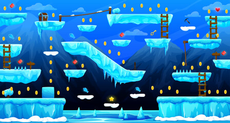Poster - Arcade iced world game level map interface with key and golden coins, vector ice platforms and stairs. Kids cartoon arcade game of frozen world with gold bonuses, heart rewards on ice block platforms