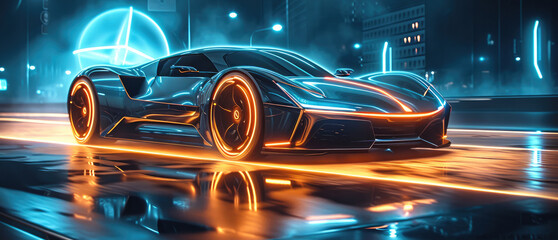 Poster - The car of the future. Neon. Light background. Generative AI.