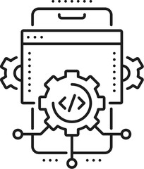 Poster - App development, web app develop and optimization icon. Phone application thin line symbol, computer program or service development, web network software develop outline vector pictogram or icon
