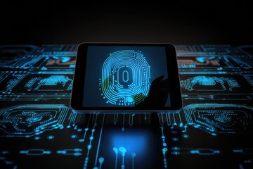Poster - A tablet featuring a fingerprint on the screen, offering advanced security and an effortless user experience, Finger print on digital screen being scanned, AI Generated