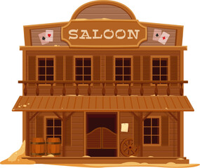 Wild West Western town saloon cartoon building, vector old american country street scene. Two storey wood house with playing cards sign. Cowboy bar or pub building with window shutters and saloon door