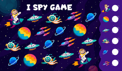 Poster - I spy game. Cartoon UFO and alien, astronaut, rocket and planets at galaxy space landscape vector quiz puzzle worksheet. Find and count planets, spaceships, spaceman and martian characters kids game