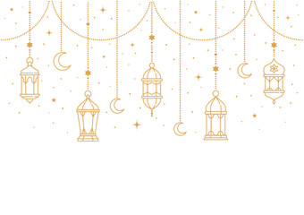 Wall Mural - Ramadan Kareem and Eid Mubarak Arabian lanterns or lamps for Muslim holiday, vector background. Ramadan Kareem and Eid Mubarak greeting card for Islam holiday with gold stars, crescent moon on lantern