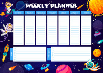Wall Mural - weekly planner with cartoon space astronauts and alien ufo in galaxy stars and planets, vector organ