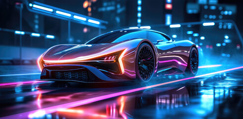 Poster - The car of the future, Neon, Light background. Generative AI.