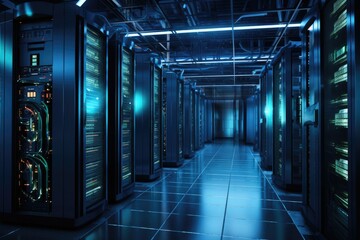 Aufkleber - a photograph showcasing multiple rows of servers in a data center, highlighting the efficiency and r