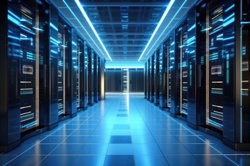 Poster - A long hallway in a data center is filled with rows of servers, creating an efficient environment for data management, Data center server room, AI Generated