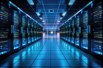 Aufkleber - An image of a long hallway with rows of servers in a data center, showcasing a high-density storage facility, Data center server room, AI Generated