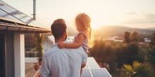 Dad Holding Her Little Girl In Arms And Show  Her Solar Panels