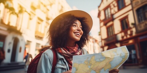 happy woman tourist with map