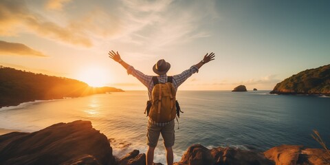 Poster - Happy man with hands up enjoying wellbeing