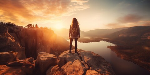 Poster - Woman enjoying the sunset in nature