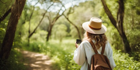 Poster - Tourist woman with camera in the forest