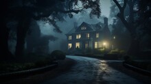 A Spooky Night Scene Of An Old Mansion Surrounded By Fog And Illuminated By The Full Moon