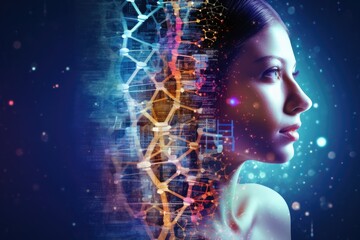 Poster - A womans profile is highlighted against a futuristic backdrop, Decode the genetic mysteries with AI-generated DNA imagery, AI Generated