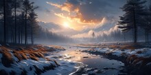 Atmospheric spring landscape with melting snow. Generative AI.