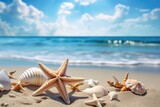 Fototapeta Tęcza - Seashells on the sand on the background of the sea