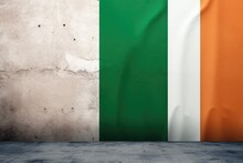 An Image Of A Wall Adorned With A Painted Flag, Flag Of Ireland On A Concrete Backdrop, Irish Flag Background With Copy Space, AI Generated