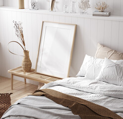 Wall Mural - Mock up frame in cozy home interior background, coastal style bedroom, 3d render