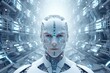 © Iftikhar alam - An image of a man with a technologically advanced face against a backdrop of a futuristic environment, 3D humanoid AI robot metaverse cyberspace digital world background, AI Generated