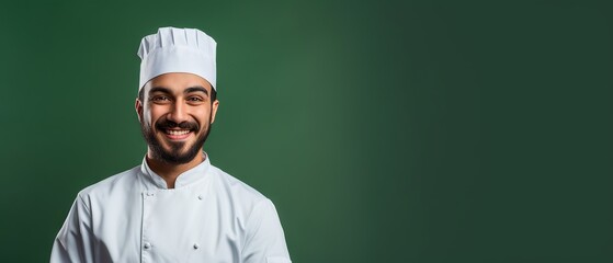 Pakistani male chef with a warm smile, isolated on vibrant green background - culinary expert portrait for banners and copy space