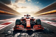 A Red Race Car Zooms Past On A Track With Thrilling Speed And Precision, Formula One Race Car Crossing Finish Line On Sports Track, AI Generated