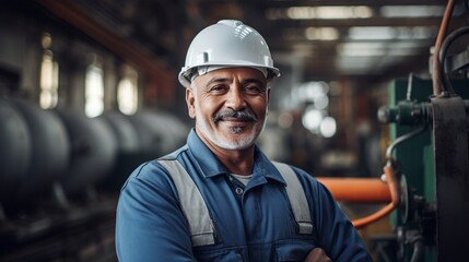 Industry maintenance engineer in uniform and hard hat working at factory station