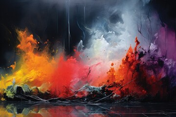 Poster - Abstract Painting, Colorful Smoke and Water Blend With Ethereal Beauty, Blend of intense colors depicting a riotous, abstract tropical storm, AI Generated