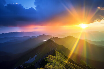 Wall Mural - mountain landscape at sunset with sun, AI generated