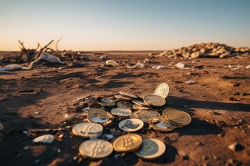 Wall Mural - A collection of various coins stacked on top of a ground covered in dirt, Broken cryptocurrency coins lying on a barren land, AI Generated