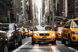 Fototapeta Koty - This image showcases a vibrant city street teeming with vehicles, pedestrians, and a bustling urban atmosphere, Classic yellow taxi cabs in the busy streets of Manhattan, AI Generated