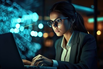 Poster - a woman is using a laptop computer while wearing glasses, close-up of a businesswoman using laptop, 