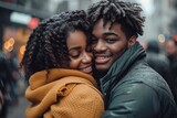 Fototapeta  - Black people, The man hugs a woman on city street. Generative AI.