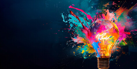 Wall Mural - Creative light bulb explodes with colorful paint splashes. Brainstorming concept. Banner