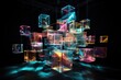 A collection of cubes, each differing in shape and size, enveloped in darkness, Cluster of holographic projections transformed into an abstract display, AI Generated