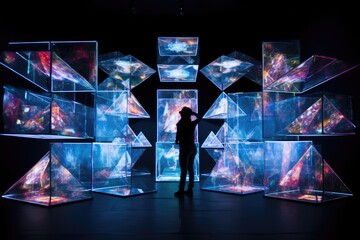 Poster - a person standing in front of a wall made up of cubes stacked together, cluster of holographic proje