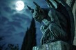 Gargoyle statues coming to life under moonlight, a mystical and stone-guardian awakening in the night.
