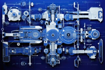 Poster - A detailed blueprint drawing showcasing a machine filled with gears and wheels, Complex blueprints of a drone illustrated abstractly, AI Generated