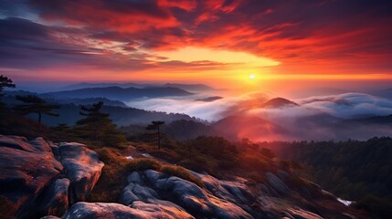Wall Mural - aerial view of the sun setting over the clouds, creating a colorful and dramatic sky